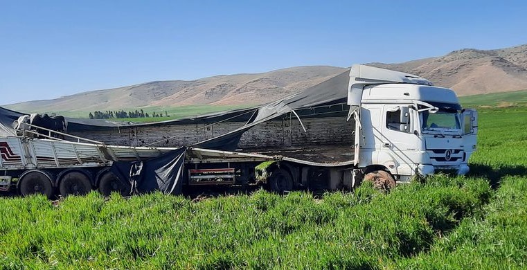 Mardin’de kaza yapan TIR’daki anguslar yola dağıldı