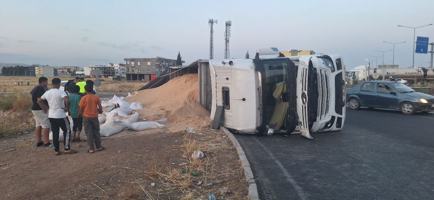 Mardin’de buğday yüklü tır devrildi, sürücü yaralandı
